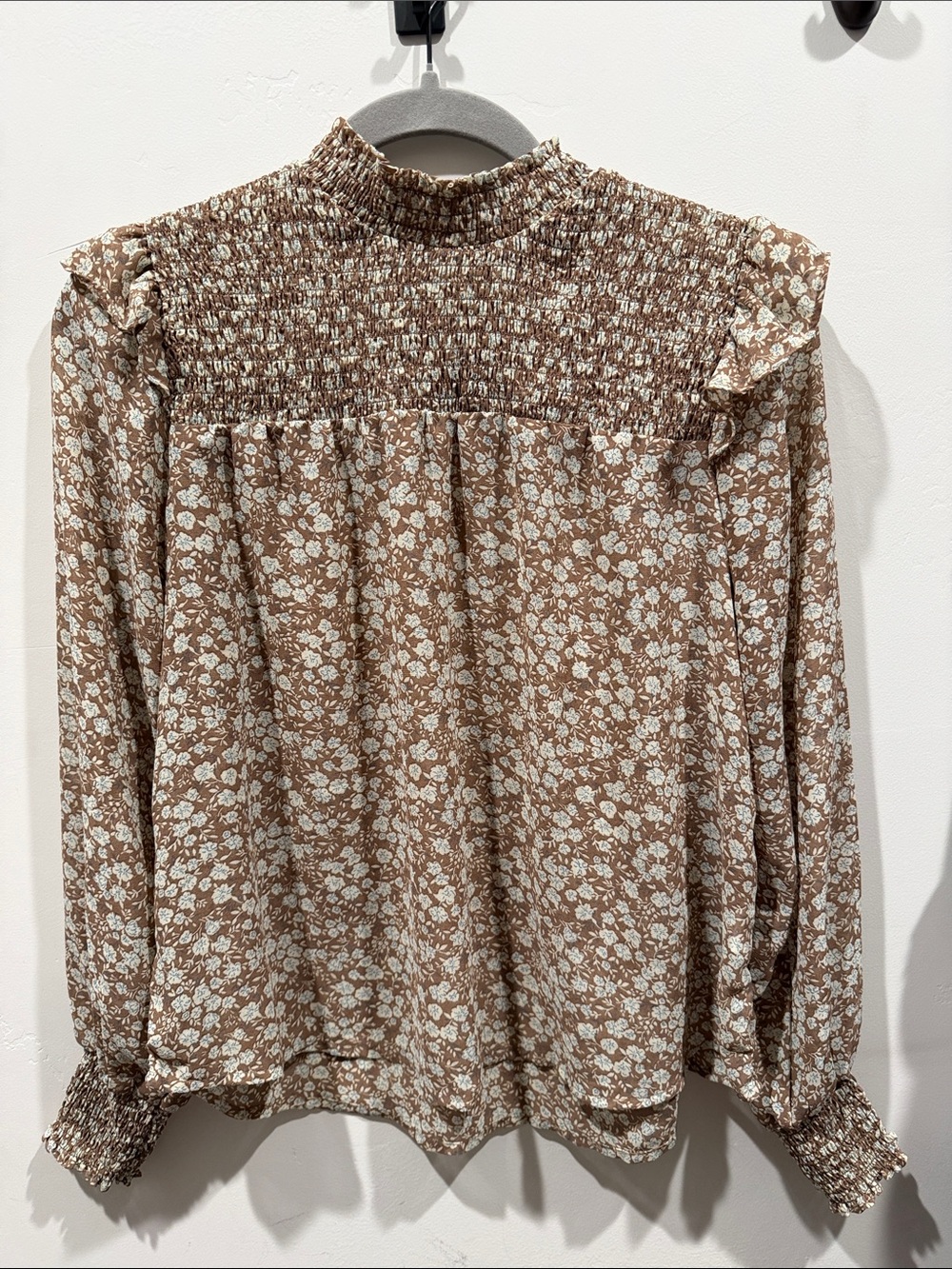 Blu Pepper Brown Floral Smocked Yoke Blouse
